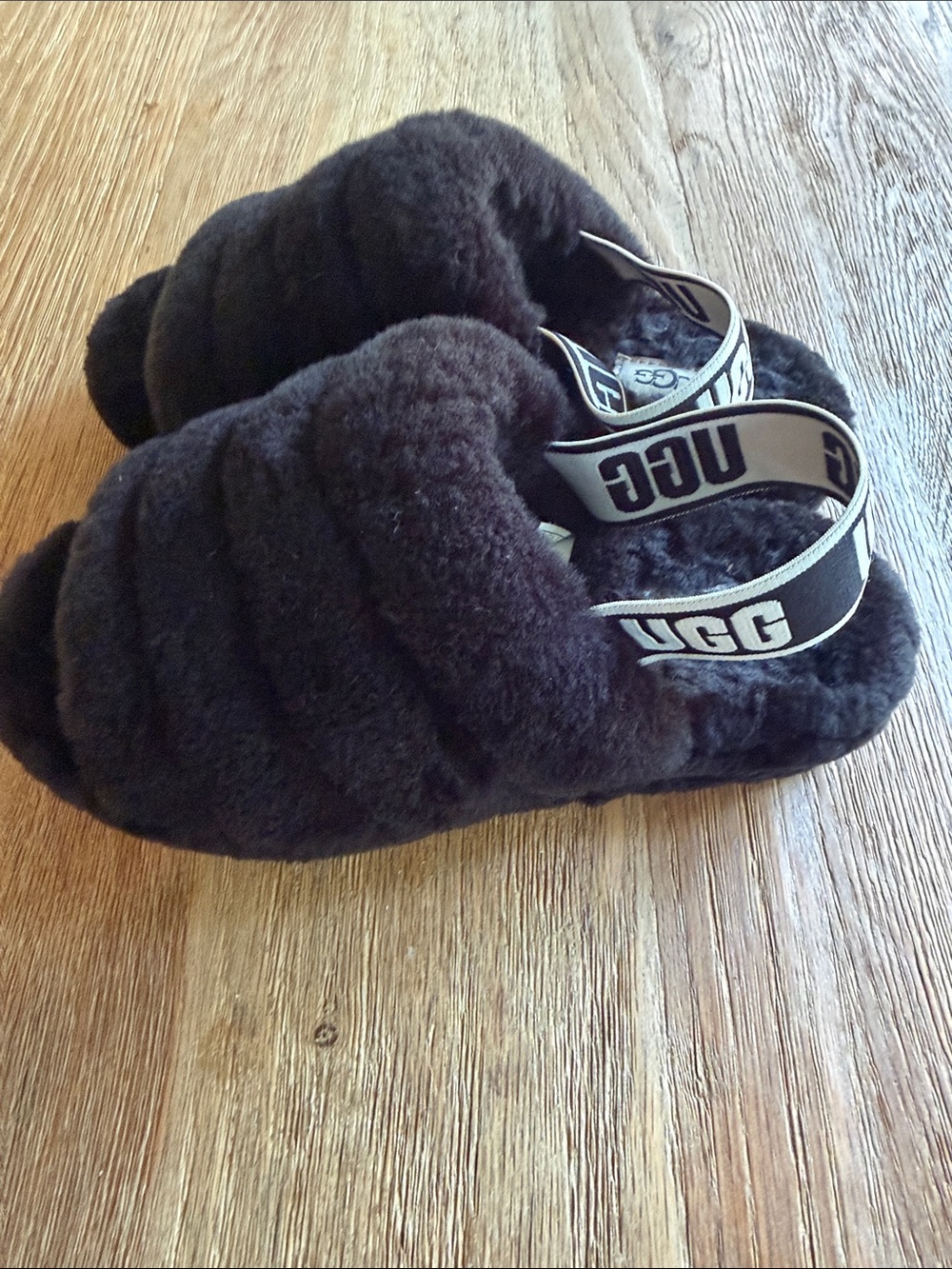 UGG Black Plush Shearling Slide with Branded Heel Strap